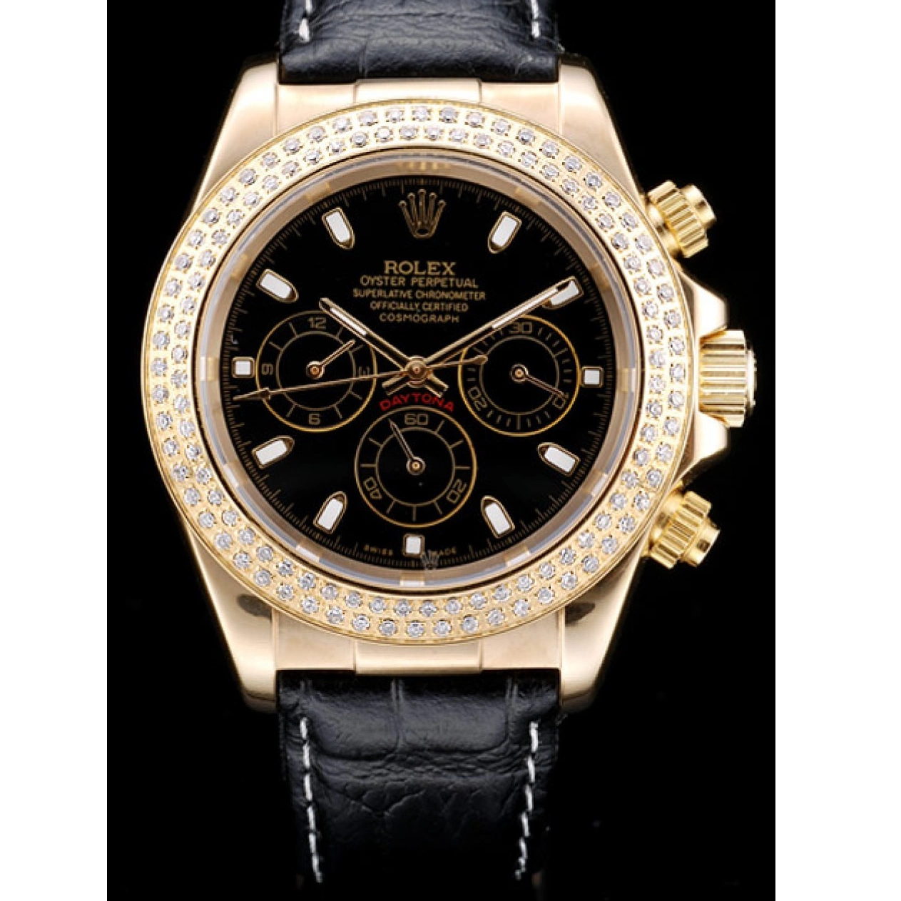 AAA replica watch Rolex Crystal Case Bezel Dial Gold Daytona Black Studded 0716